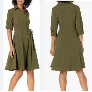 Sharagano Collared Dress Midi Olive Green Size 8 Belted Button Down Fit Flare